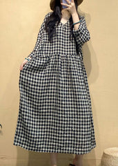 Big Plaid Pockets Linen Dress V Neck Long Sleeve