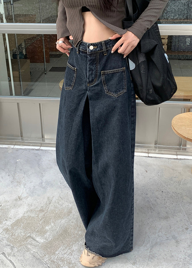 Black Button Denim Wide Leg Pants High Waist