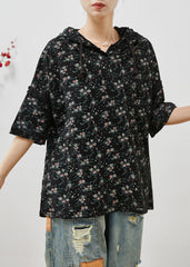 Black Print Cotton Hooded Sweatshirts Top Oversized Summer