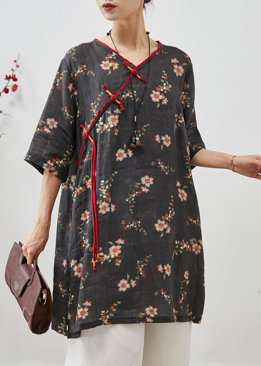 Black Print Linen Dress Tasseled Chinese Button Summer