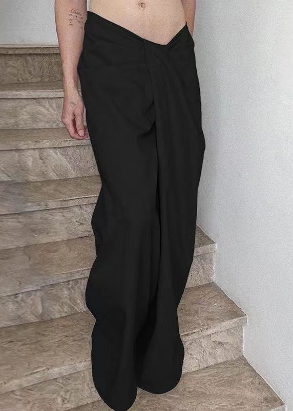 Black Solid Cotton Wide Leg Summer Pants Asymmetrical