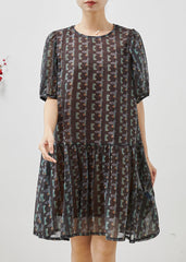 Bohemian Black Puff Sleeve Print Chiffon Holiday Dress