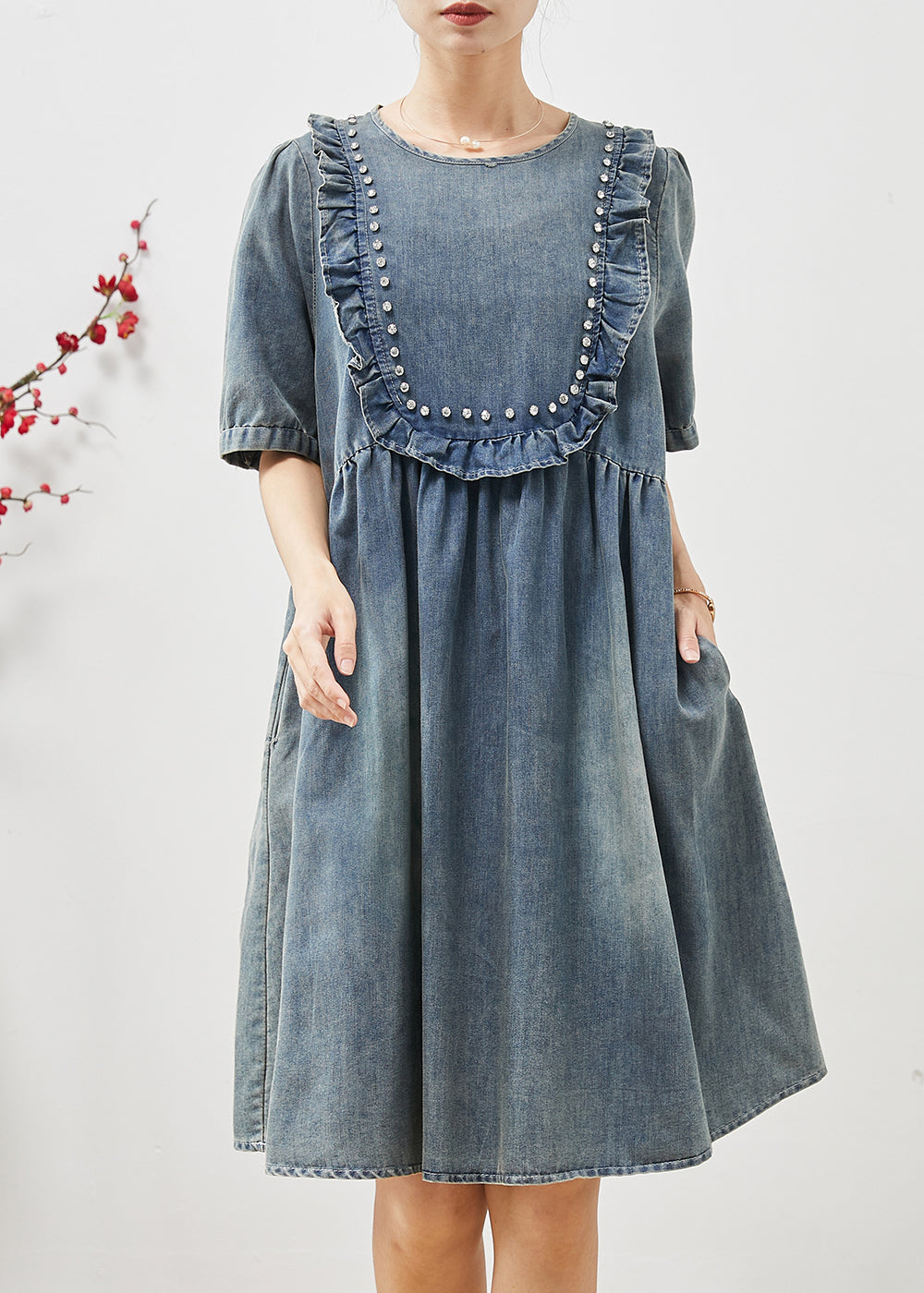 Bohemian Blue Ruffled Nail Bead Denim Dresses Summer