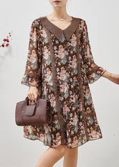 Bohemian Brown Print Patchwork Lace Holiday Dress Summer