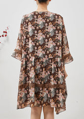 Bohemian Brown Print Patchwork Lace Holiday Dress Summer