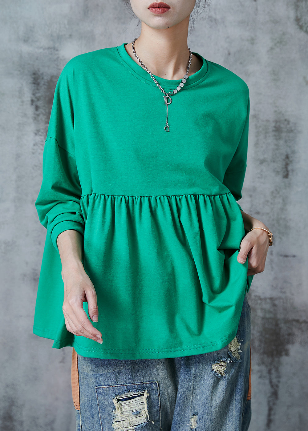 Bohemian Green Oversized Cotton Sweatshirts Top Fall