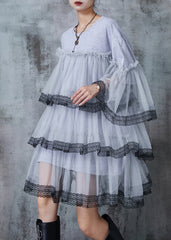 Bohemian Grey Oversized Patchwork Tulle Vacation Dress Summer