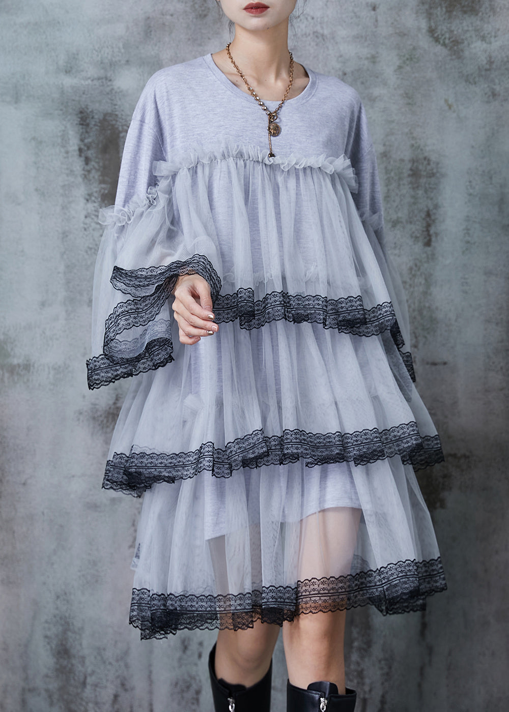 Bohemian Grey Oversized Patchwork Tulle Vacation Dress Summer