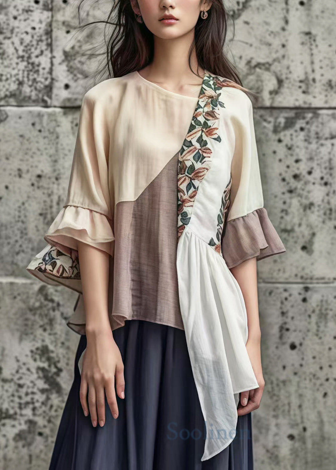 Bohemian Khaki Asymmetrical Patchwork Cotton Blouse Tops Summer