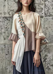 Bohemian Khaki Asymmetrical Patchwork Cotton Blouse Tops Summer