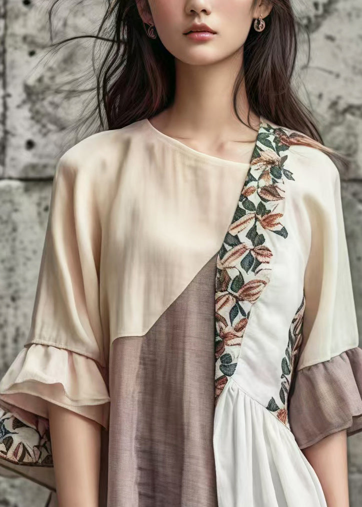 Bohemian Khaki Asymmetrical Patchwork Cotton Blouse Tops Summer