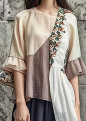 Bohemian Khaki Asymmetrical Patchwork Cotton Blouse Tops Summer