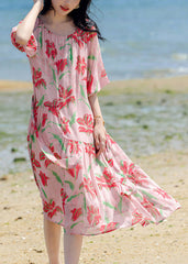 Bohemian Pink Print Patchwork Chiffon Long Holiday Dress Summer