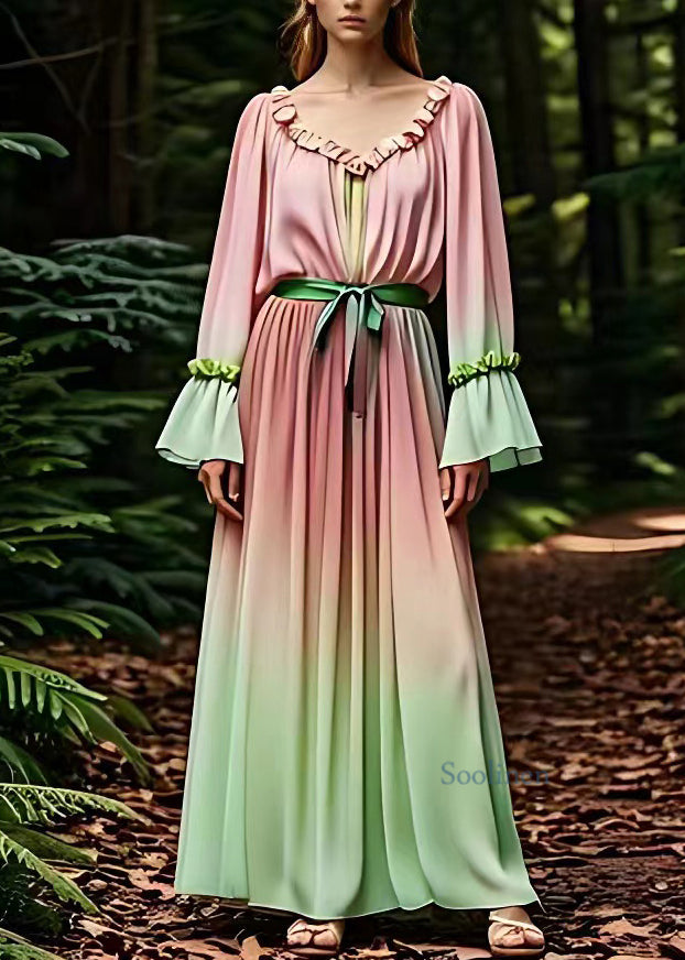 Bohemian Pink Ruffled Patchwork Silk Maxi Dress Fall