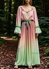 Bohemian Pink Ruffled Patchwork Silk Maxi Dress Fall