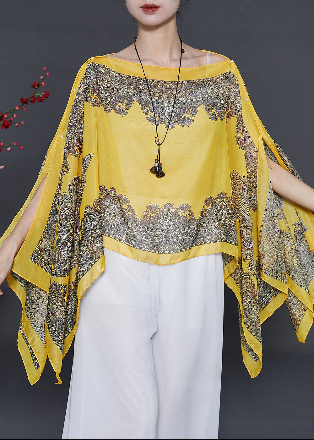 Bohemian Yellow Oversized Print Chiffon Beach Top Summer