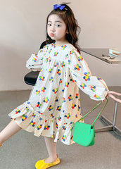 Boho Beige Square Collar Print Kids Vacation Long Dresses Long Sleeve