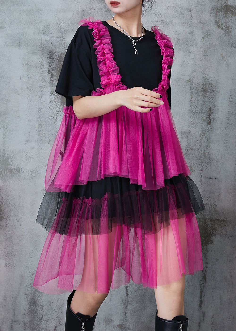 Boho Black Oversized Patchwork Layered Tulle Vacation Dress Summer