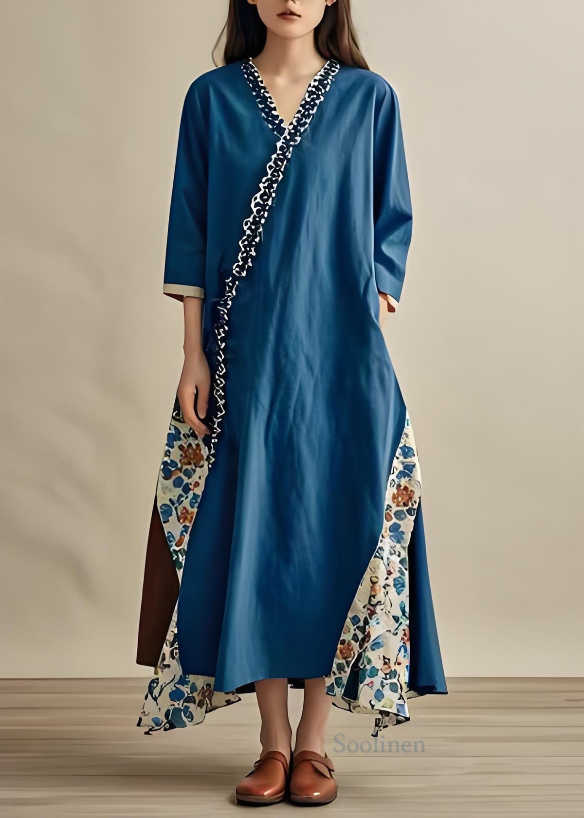 Boho Blue V Neck Asymmetrical Print Patchwork Cotton Dresses Summer