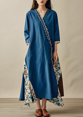 Boho Blue V Neck Asymmetrical Print Patchwork Cotton Dresses Summer