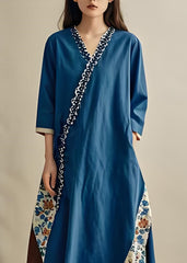 Boho Blue V Neck Asymmetrical Print Patchwork Cotton Dresses Summer