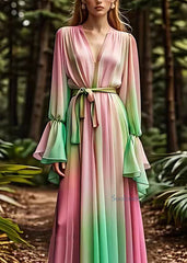 Boho Gradient Color V Neck Silk Long Dress Fall