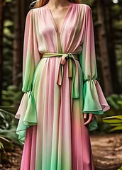 Boho Gradient Color V Neck Silk Long Dress Fall