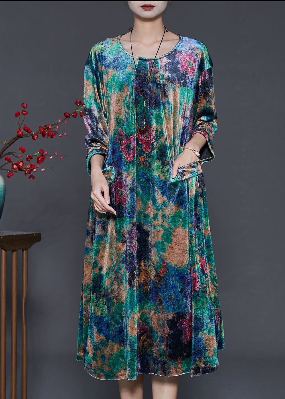 Boho Green Oversized Tie Dye Silk Velvet Dresses Summer