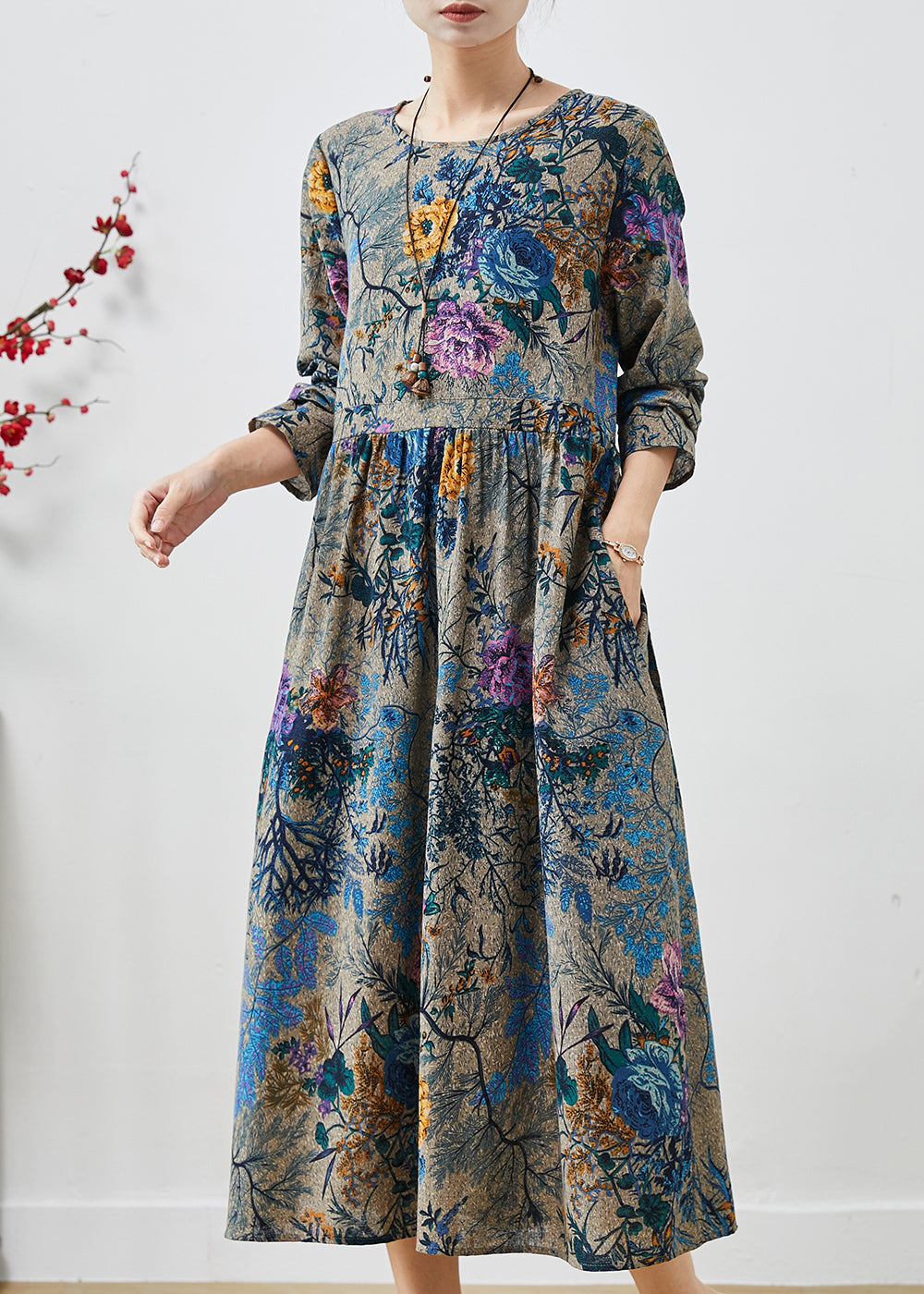 Boho Peacock Blue Cinched Print Cotton Dress Spring