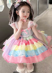 Boho Rainbow Lace Patchwork Bow Tulle Girls Long Dress Sleeveless