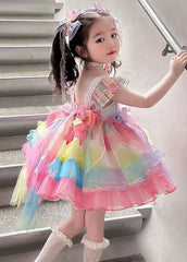 Boho Rainbow Lace Patchwork Bow Tulle Girls Long Dress Sleeveless