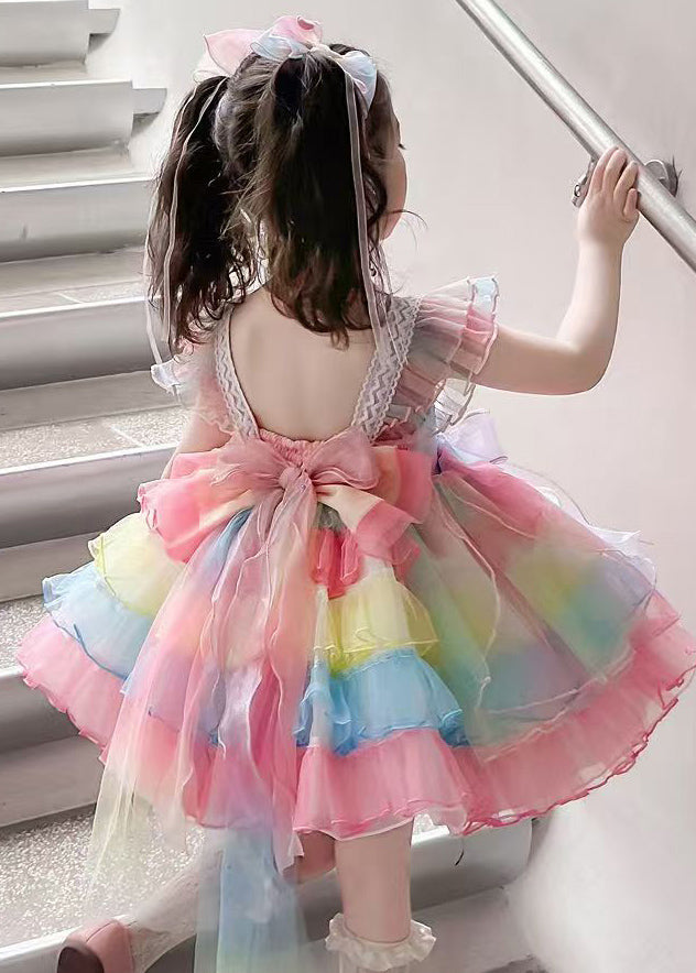 Boho Rainbow Lace Patchwork Bow Tulle Girls Long Dress Sleeveless