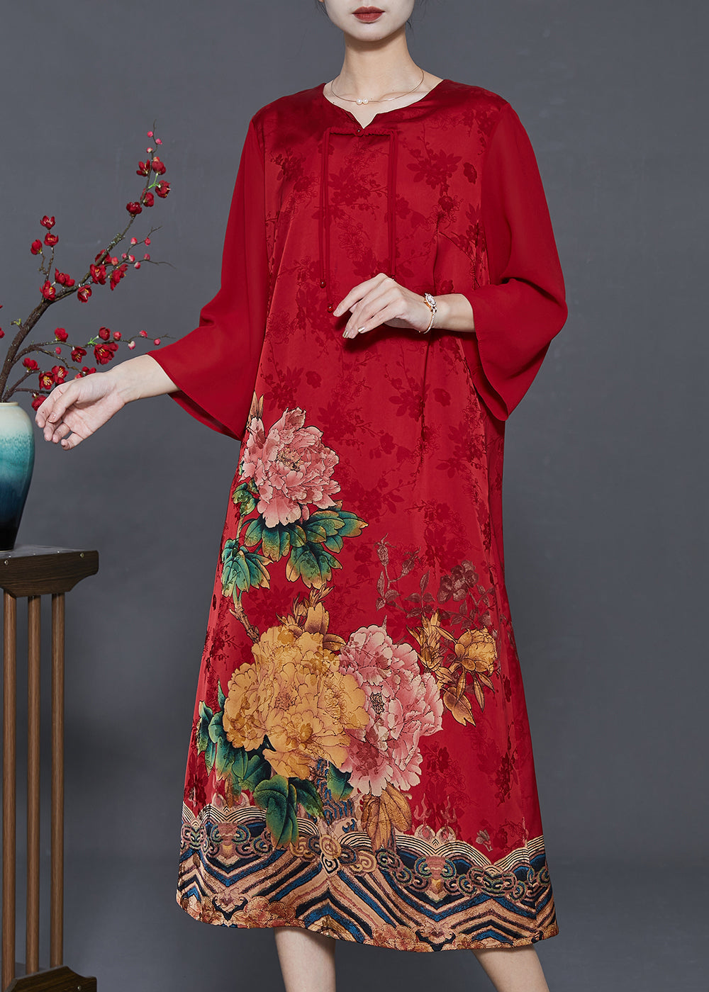 Boho Red Tasseled Print Silk Oriental Dresses Summer