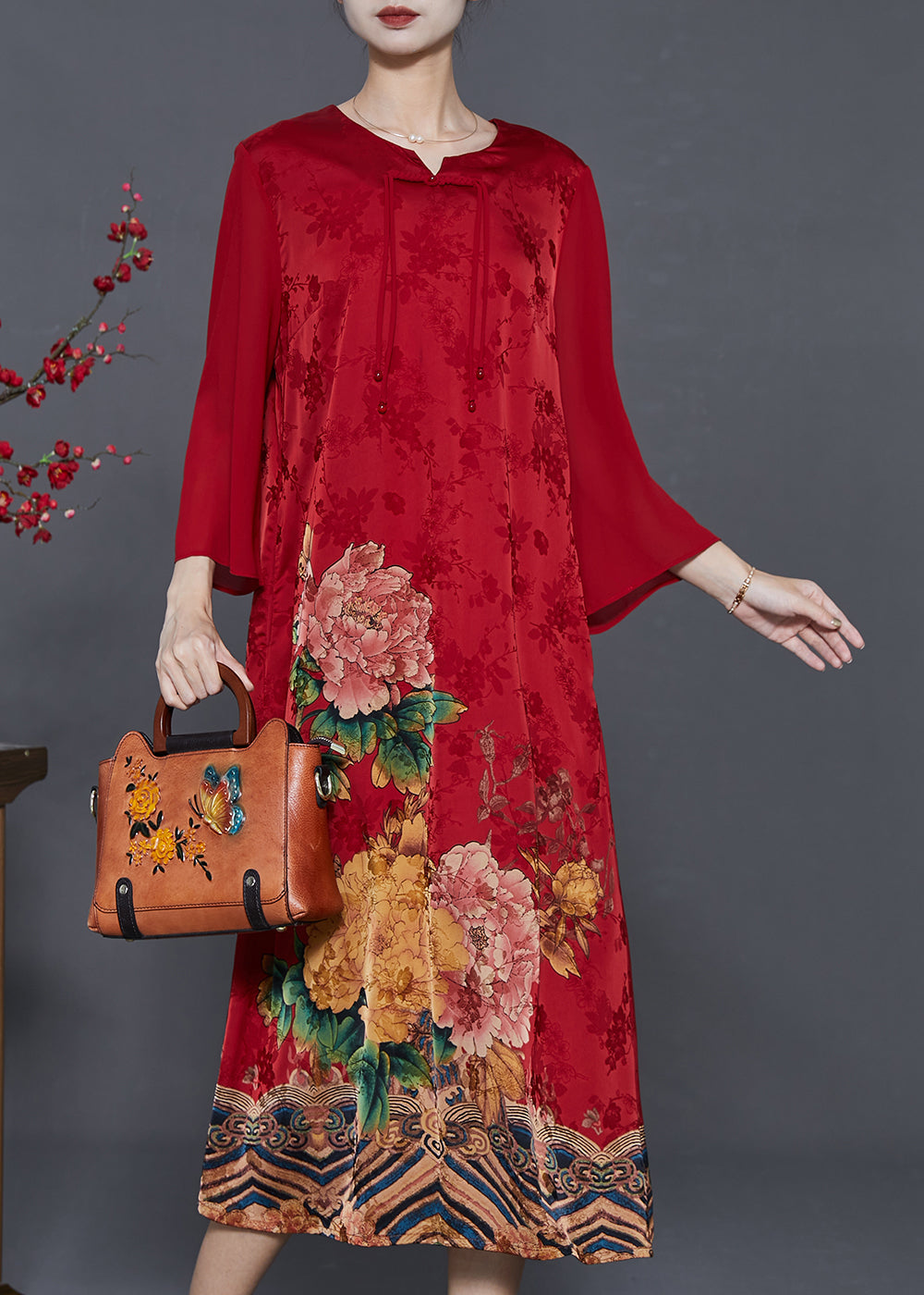 Boho Red Tasseled Print Silk Oriental Dresses Summer