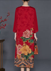 Boho Red Tasseled Print Silk Oriental Dresses Summer