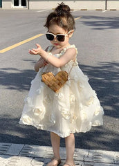 Boutique Beige Floral Tulle Kids Long Spaghetti Strap Dress Summer