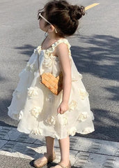 Boutique Beige Floral Tulle Kids Long Spaghetti Strap Dress Summer