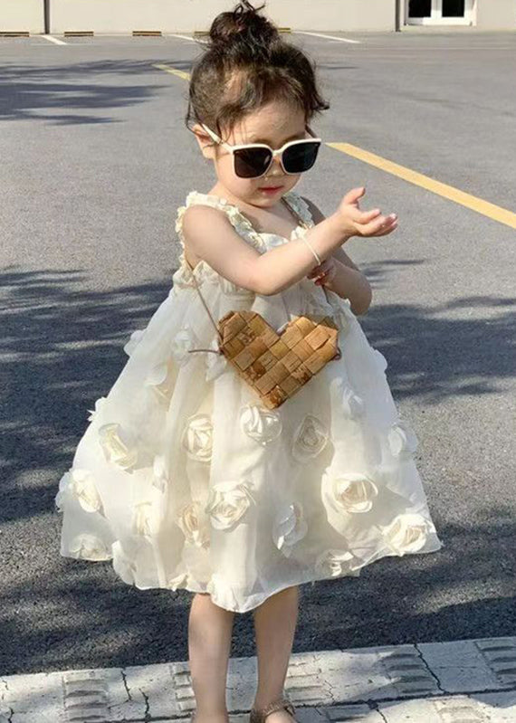 Boutique Beige Floral Tulle Kids Long Spaghetti Strap Dress Summer