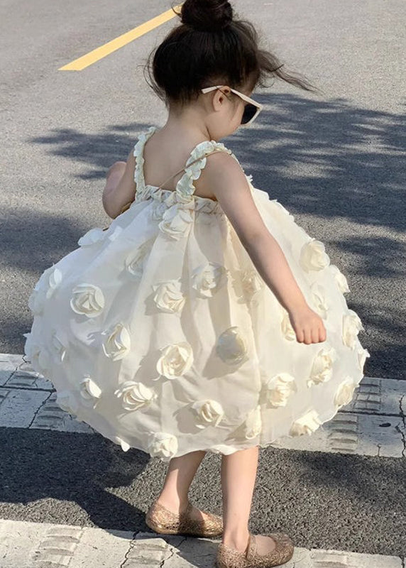 Boutique Beige Floral Tulle Kids Long Spaghetti Strap Dress Summer