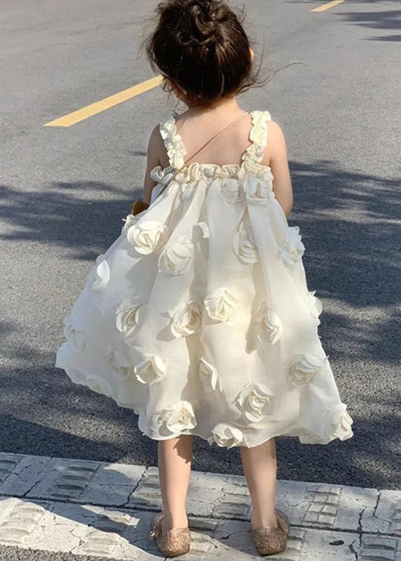 Boutique Beige Floral Tulle Kids Long Spaghetti Strap Dress Summer