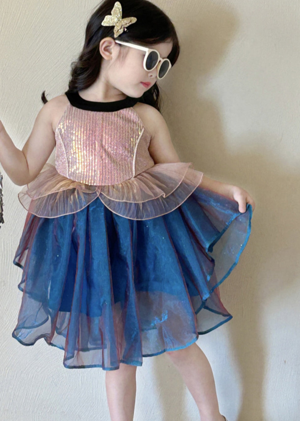 Boutique Blue O-Neck Patchwork Tulle Girls Mid Dress Sleeveless