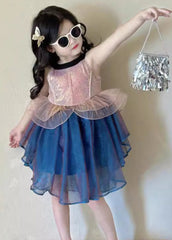 Boutique Blue O-Neck Patchwork Tulle Girls Mid Dress Sleeveless