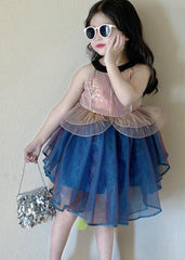 Boutique Blue O-Neck Patchwork Tulle Girls Mid Dress Sleeveless