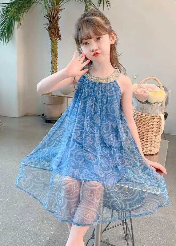 Boutique Blue O-Neck Print Cold Shoulder Kids Maxi Dresses Summer