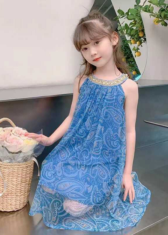 Boutique Blue O-Neck Print Cold Shoulder Kids Maxi Dresses Summer