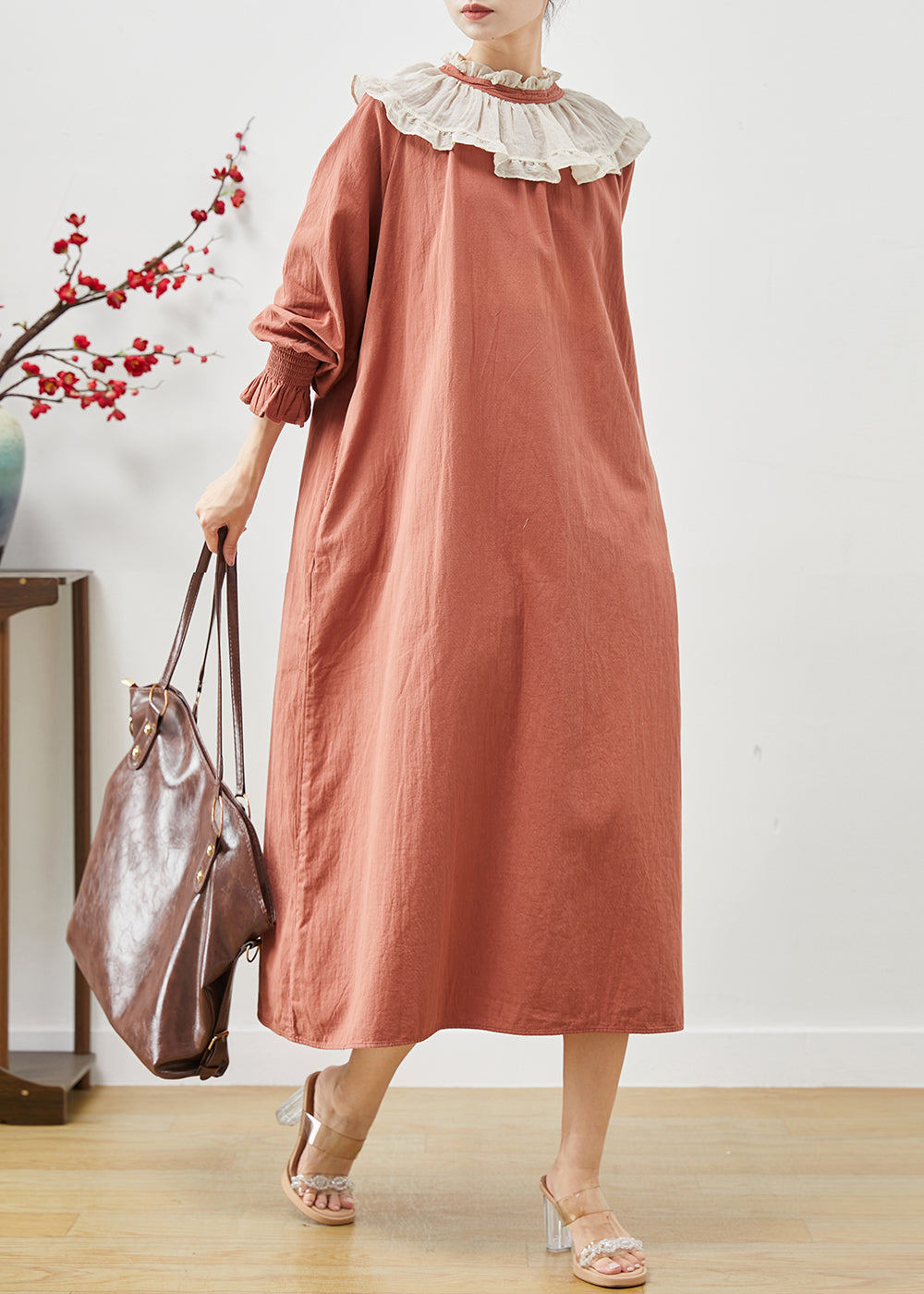 Boutique Brick Red Peter Pan Collar Cotton Robe Dresses Spring