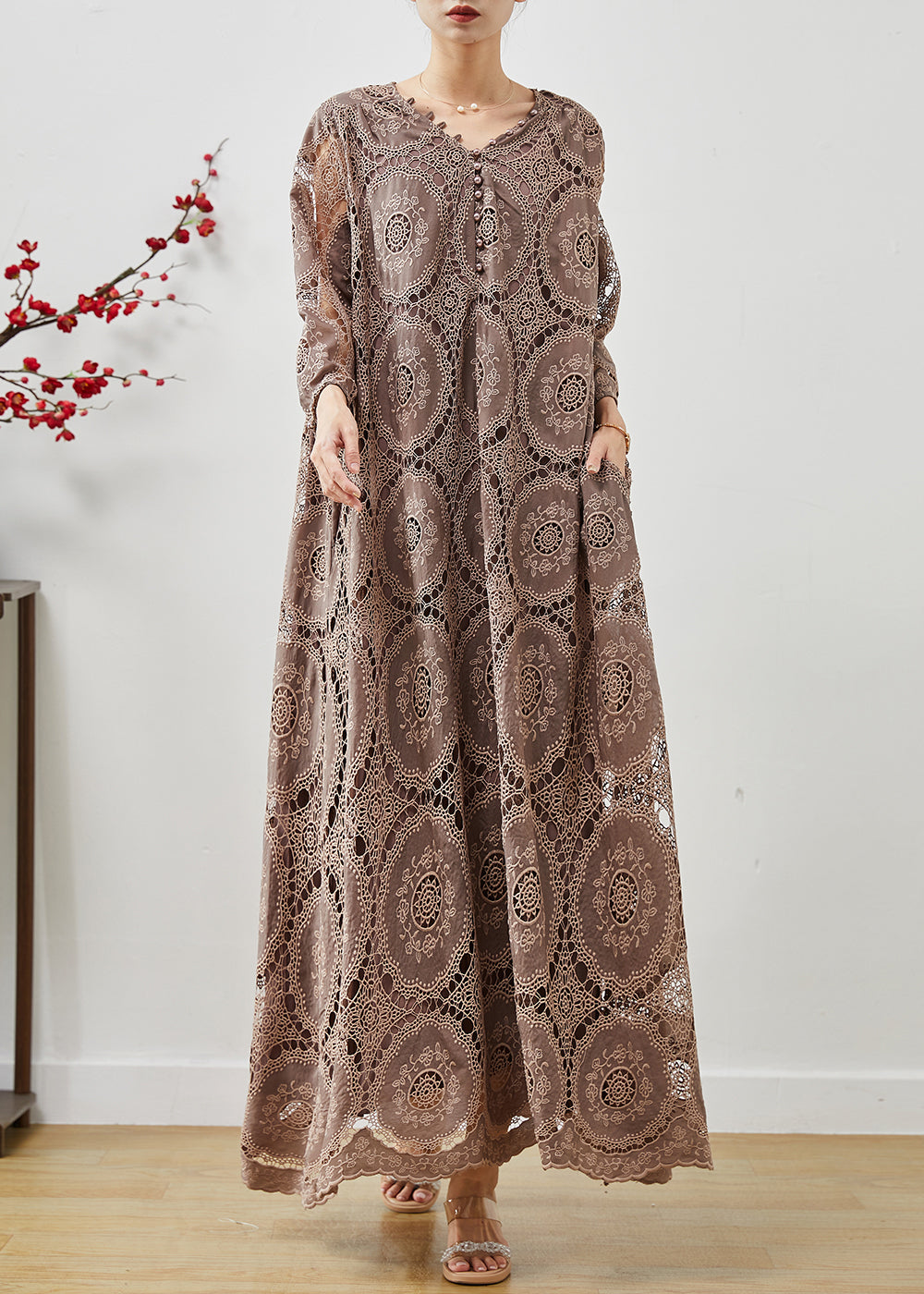 Boutique Brown Oversized Hollow Out Lace Maxi Dresses Summer