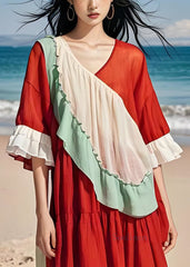 Boutique Colorblock Ruffled Patchwork Cotton Dresses Summer