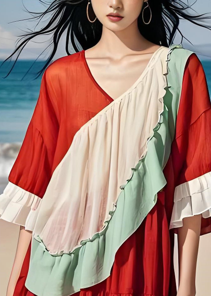 Boutique Colorblock Ruffled Patchwork Cotton Dresses Summer