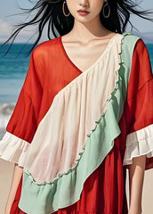 Boutique Colorblock Ruffled Patchwork Cotton Dresses Summer